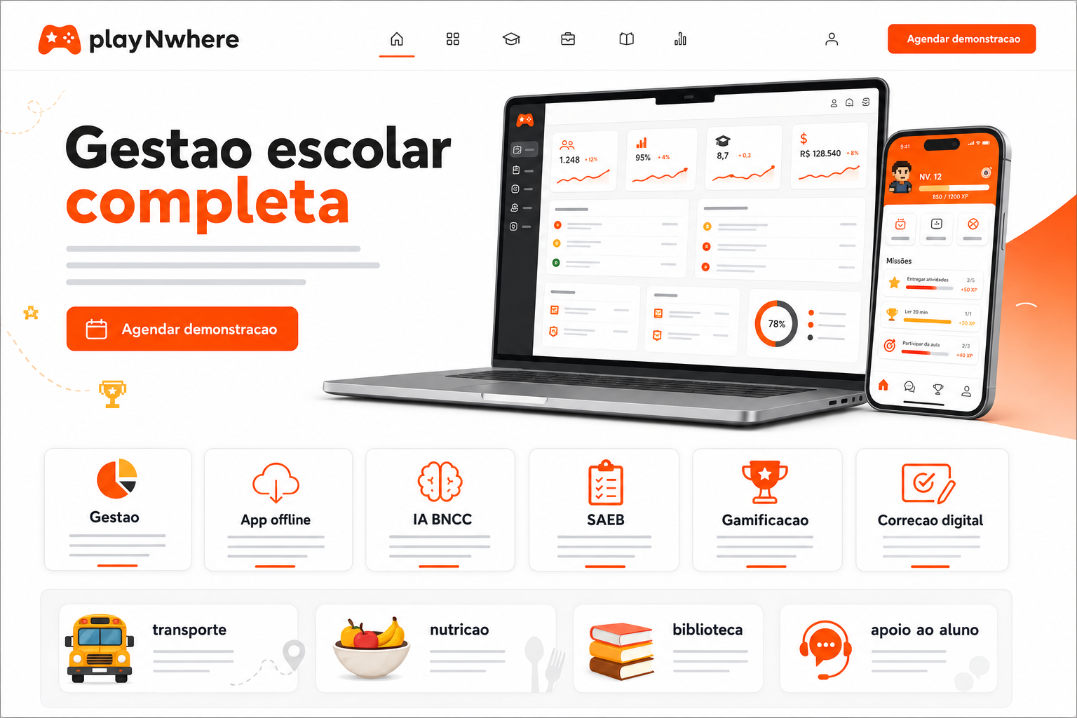 Mockup da página playNwhere para escolas