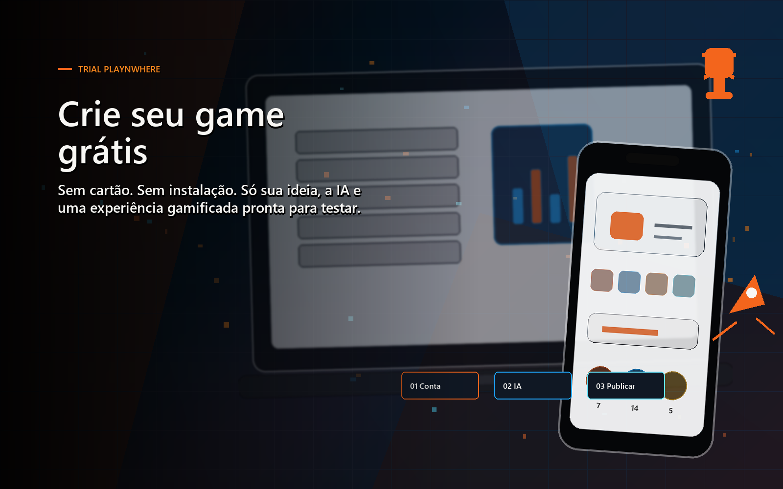 Fluxo do trial grátis do playNwhere para criar uma trilha gamificada em poucos minutos