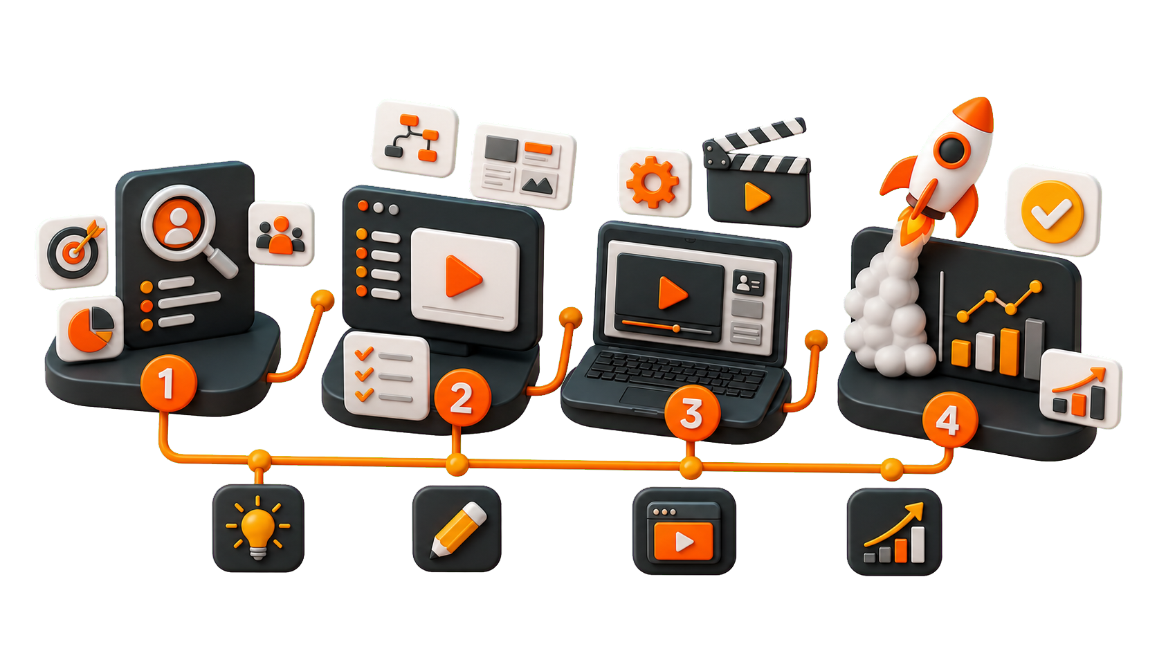 Fluxo visual 3D de projeto de e-learning corporativo, da estratégia ao lançamento e aos dados