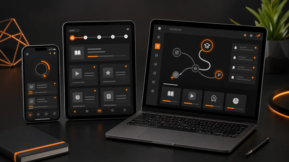 Experiência mobile learning com Moodle, trilhas digitais e telas responsivas em celular, tablet e notebook